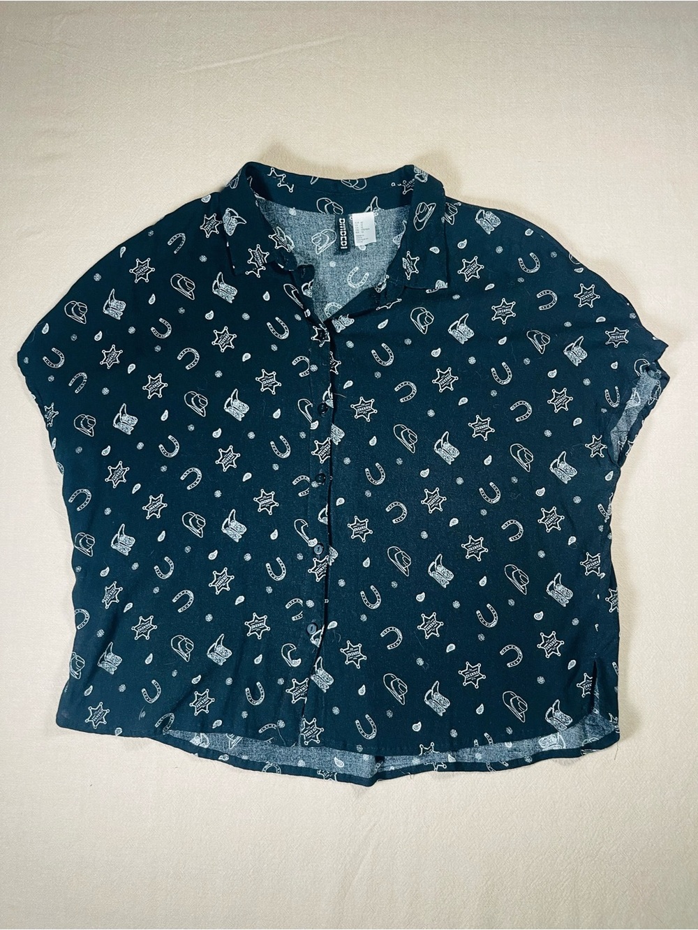 H&M Navy Short Sleeve Button-Down Top with White Western Motif